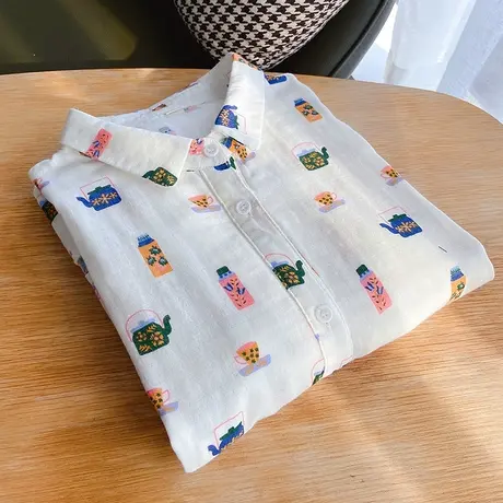 春秋文艺小清新双层棉纱长袖衬衫女学生宽松印花纯棉柔软打底上衣图片