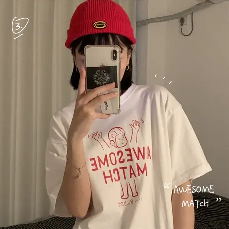 纯棉白色卡通趣味纯棉短袖T恤女2023夏季新款韩版宽松上衣学院风图片