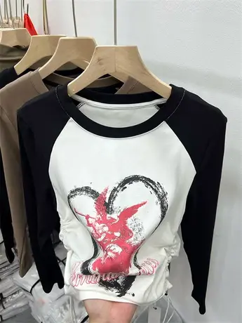 美式印花T恤字母圆领抽绳褶皱长袖女2023早秋新款上衣修身打底衫图片