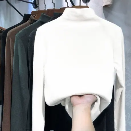 打底衫女内搭秋冬半高领长袖修身黑色t恤棉白色洋气加绒加厚上衣图片