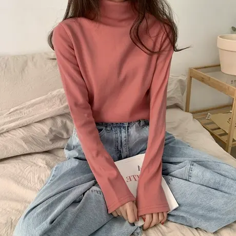 秋冬半高领加绒加厚打底衫女内搭洋气上衣服德绒保暖百搭长袖t恤图片