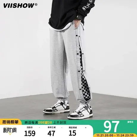 VIISHOW休闲裤男春秋侧边排扣棋盘格宽松设计感直筒束脚卫裤子潮商品大图
