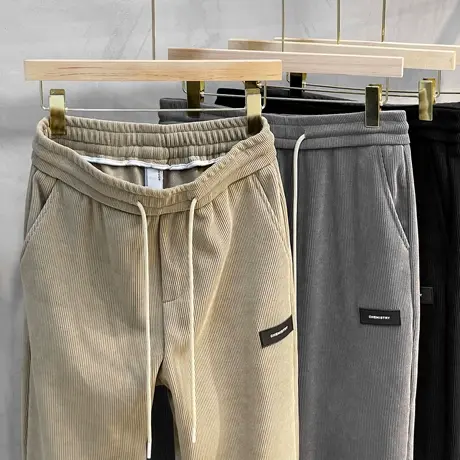 灯芯绒休闲裤男秋冬2023新款潮流松紧腰男士束脚九分哈伦裤男宽松商品大图