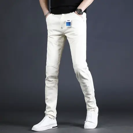 香港高端牛仔裤男夏季新款白色修身小脚简约帅气男士休闲潮流裤子图片