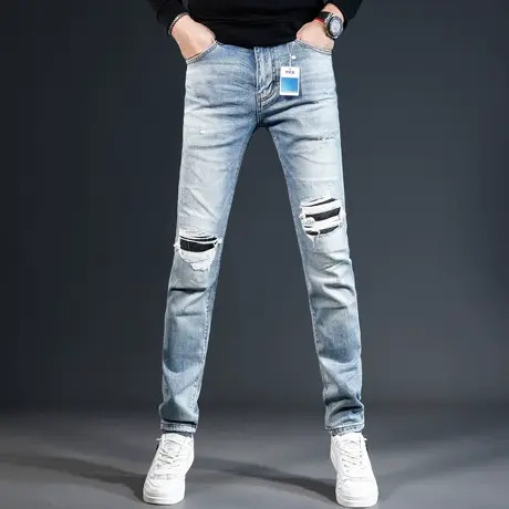 蓝色牛仔裤男2023秋冬新款破洞补丁潮流男士修身小脚弹力休闲长裤商品大图