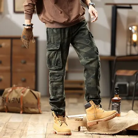男款裤子百搭男生长裤重磅水洗工装裤迷彩宽松时尚潮流束脚工装商品大图