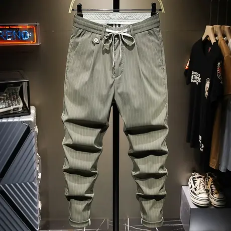 夏季薄款裤子男韩版潮流九分小西裤男士修身西装裤条纹休闲裤小脚图片