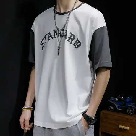 白色拼接短袖t恤男夏季宽松胖子大码ins潮牌加肥加大半袖纯棉体恤商品大图