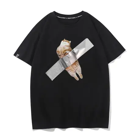 胶带小猫咪萌宠文化恶趣味搞怪夏纯棉宽松男女情侣短袖T恤上衣服商品大图
