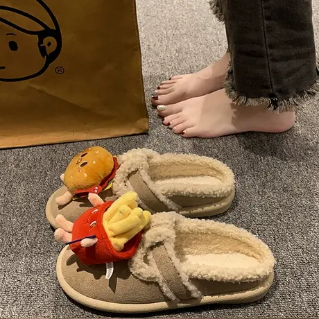 汉堡薯条棉拖鞋女外穿2023秋冬新款网红勃肯鞋厚底包头羊羔毛毛鞋图片