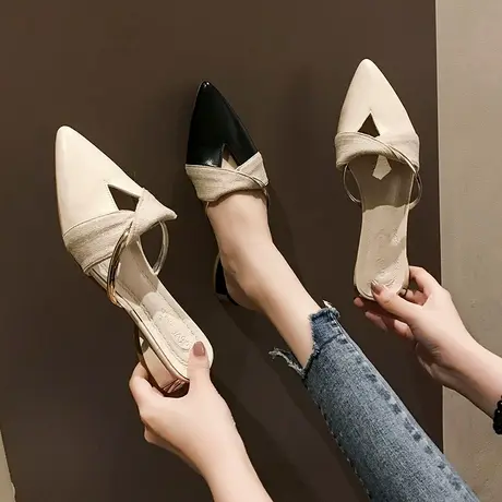 包头半拖鞋女外穿2023春夏季新款时尚平底百搭拼色粗跟尖头穆勒鞋图片