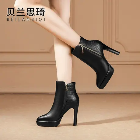 真皮尖头厚底粗跟短靴女2023秋冬季新款欧美时装防水台高跟马丁靴图片