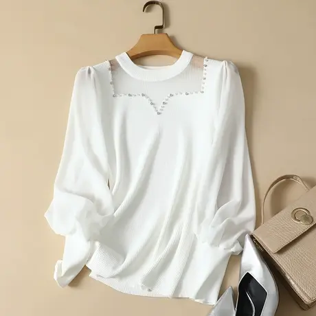 春装2023年新款雪纺袖冰丝针织衫女长袖套头上衣薄款打底衫女洋气图片