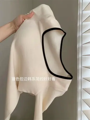 杏色方领加绒打底衫女内搭秋冬季保暖撞色带胸垫外穿修身长袖上衣商品大图