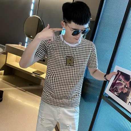 夏季男士t恤打底衫短袖修身千鸟格ins休闲快手半袖简约潮流体恤商品大图