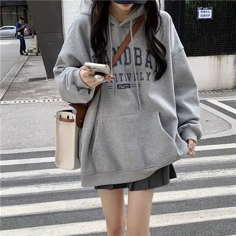 灰色套头连帽卫衣女oversize秋冬加绒加厚新款2024小个子宽松上衣商品大图