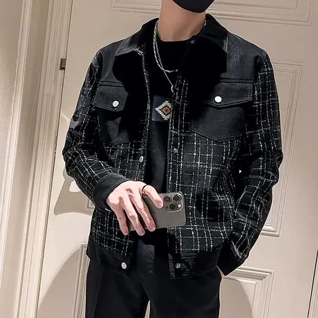 秋冬季时尚休闲拼接格子夹克外套潮牌潮流ins个性百搭男夜店皮衣商品大图