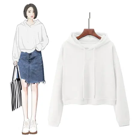 连帽白色卫衣女秋季2023新款学生小个子短款长袖上衣宽松套头外套图片