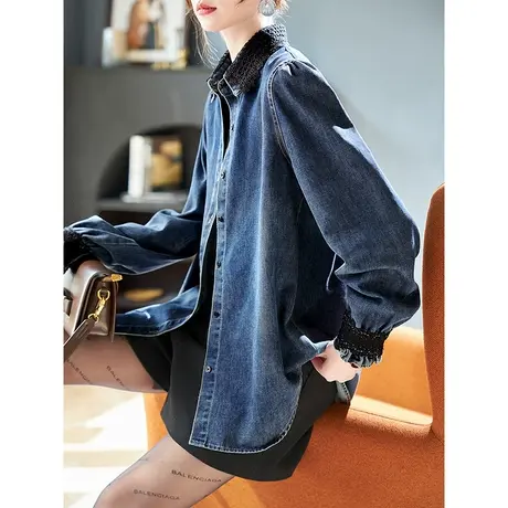 宝诗黎蕾丝拼接长袖牛仔衬衫2024春季气质宽松新款长袖百搭衬衣女商品大图