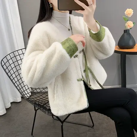 国风新中式盘扣皮毛一体短外套秋冬加厚仿水貂绒小个子外套女上衣商品大图