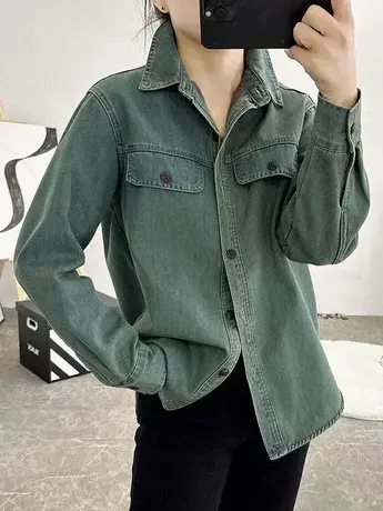 韩版设计感复古做旧浅蓝色牛仔衬衫早春小众宽松百搭翻领休闲上衣商品大图