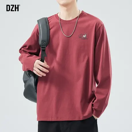 男士红色长袖t恤男春季圆领纯棉上衣2024年潮牌内搭打底百搭体恤商品大图