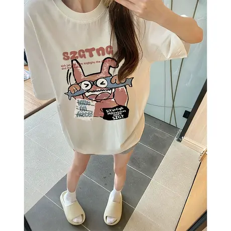 纯棉设计感卡通印花短袖t恤女夏季新款小众港味chic宽松半袖上衣商品大图