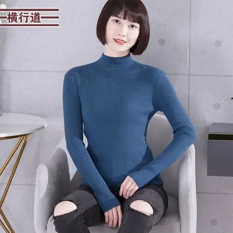 春装新款半高领字母刺绣修身长袖纯色针织衫上衣打底春衣女装套头商品大图