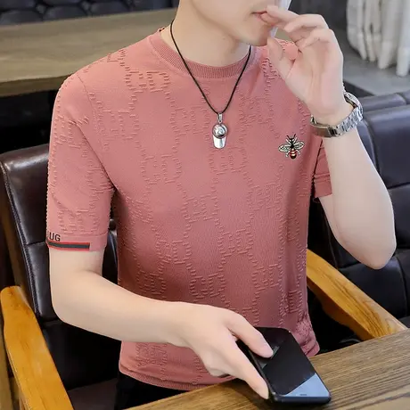 刺绣蜜蜂针织t恤男夏季潮牌薄款短袖上衣高端大码冰丝圆领打底衫T商品大图
