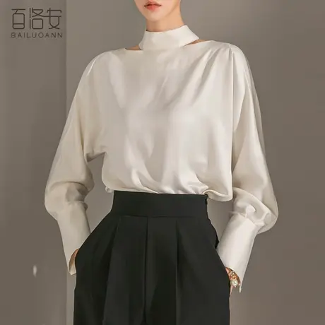 百洛安时尚优雅半高领衬衫女2024春新款气质通勤宽松长袖衬衣上衣商品大图