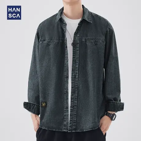 hansca长袖牛仔衬衫男春季新款高街潮牌复古水洗做旧宽松外套上衣商品大图