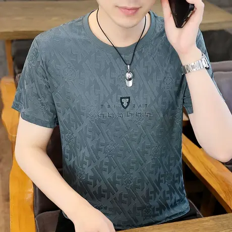 夏季冰丝短袖T恤男夏季休闲提花烫钻上衣服潮男加肥加大码体恤衫商品大图