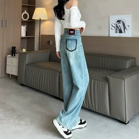 浅色阔腿牛仔裤女春秋2024年新款高腰宽松高级感拖地窄版直筒裤子商品大图