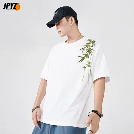 刺绣t恤男夏季国潮竹子流苏宽松纯棉体恤重磅新款休闲短袖潮流ins商品大图