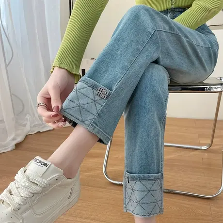 浅蓝色复古卷边直筒牛仔裤女春秋季薄款高腰显瘦小个子九分烟管裤图片