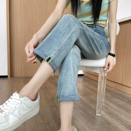 浅色直筒牛仔裤女春夏2024年新款高腰显瘦九分小个子显高烟管裤子商品大图