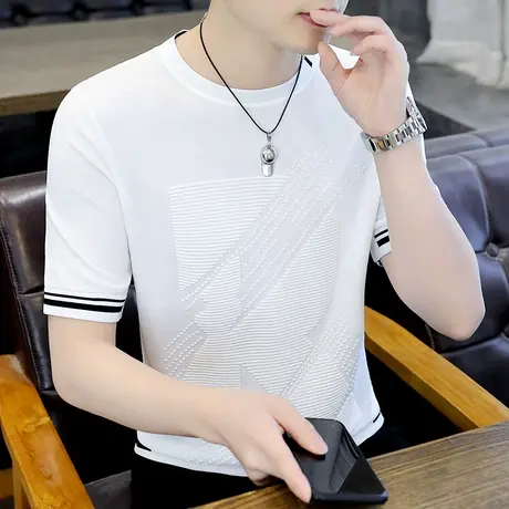 短袖夏季上衣服男t恤潮流圆领冰丝男款冰感薄夏装丝滑纯色白体恤商品大图