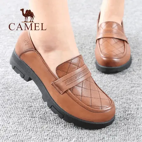 Camel/骆驼女鞋春秋季品款真牛皮中跟年舒适休闲套脚正妈妈单鞋子图片