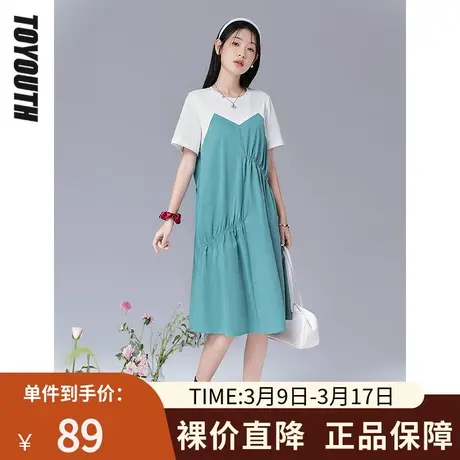 初语新款玻璃蓝连衣裙女夏季异质拼接层次感橡筋收褶T恤裙图片
