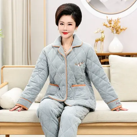 婷美新款中老年睡衣女冬天三层夹棉加绒加厚保暖珊瑚绒套装家居服图片