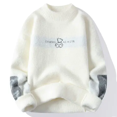 毛衣男冬季加厚加绒圆领半高领打底针织衫男士水貂绒软糯保暖上衣商品大图