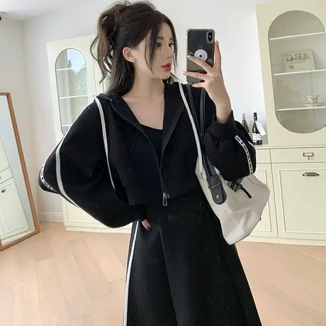 大码胖MM遮肚藏肉套装女春季卫衣吊带连衣裙减龄显瘦两件套200斤图片