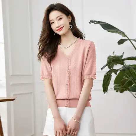 时尚气质短袖针织衫2023年夏季新款淑女温柔V领宽松显瘦通勤上衣商品大图