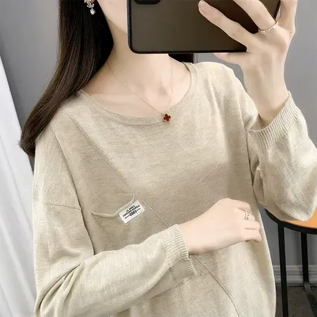 秋装女2023年新款圆领毛衣纯色贴布设计感宽松套头宽松针织上衣女商品大图