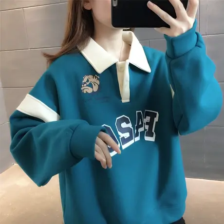 秋冬2023新款Polo领加绒加厚拼色卫衣女大码宽松小众设计感外套潮商品大图