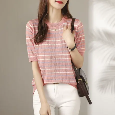 针织衫薄款短袖t恤女2023新款夏季女装条纹半袖茶里茶气别致上衣商品大图