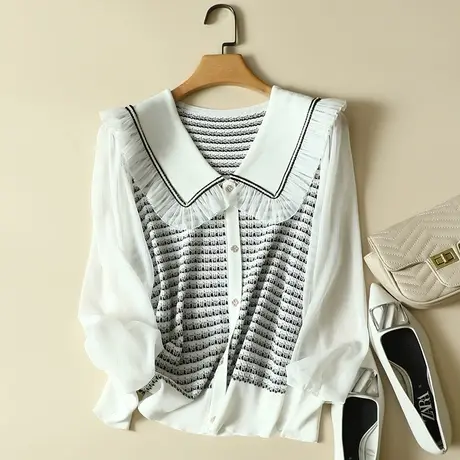 冰丝针织假开衫女秋装2023年新款雪纺袖上衣宽松蕾丝打底衫女洋气图片