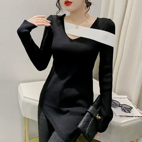 不规则V领针织衫女春秋气质中长款毛衣套头设计感小众内搭打底衫商品大图