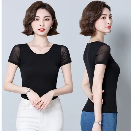 纯色圆领短袖t恤女遮肚内搭打底小衫2023年夏季无袖纱衣低领上衣商品大图