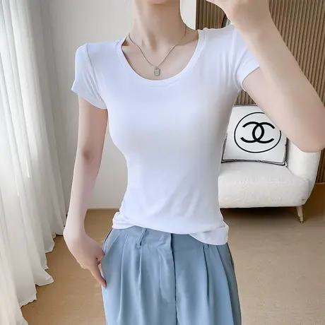 莫代尔圆领螺纹修身短袖t恤女春夏百搭显瘦内搭小众体恤外穿打底商品大图